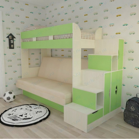 Кровать диван 2-х этажная Карамель 75-01 (Ясень анкор светлый/Зеленый) детальное изображение от магазина mebelvozov.ru в Нижнем Новгороде