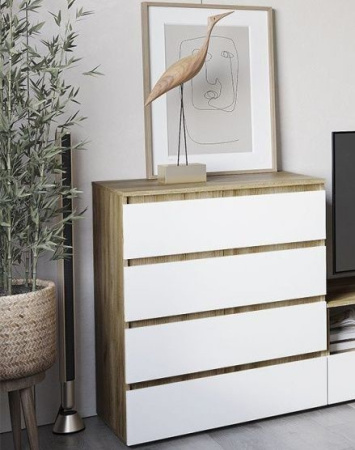 ХЕЛЕН КМ 02 Комод 802 4 ящика (БЕЛЫЙ/ДУБ КРАФТ ЗОЛОТОЙ) от магазина Мебельвозов в Нижнем Новгороде