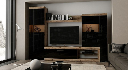 Стенка в гостиную Бастон (дуб делано/черный глянец) от интернет магазина Mebelvozov в Нижнем Новгороде