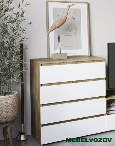 ХЕЛЕН КМ 02 Комод 802 4 ящика (БЕЛЫЙ/ДУБ КРАФТ ЗОЛОТОЙ) от магазина Мебельвозов в Нижнем Новгороде