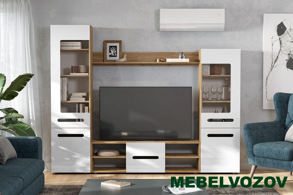 Стенка в гостиную "МГС 6" Исполнение 1 (Дуб золотой / Белый глянец) - фото от интернет магазина Mebelvozov в Нижнем Новгороде Стенка в гостиную "МГС 6" Исполнение 1 (Дуб золотой / Белый глянец) от интернет магазина Mebelvozov в Нижнем Новгороде