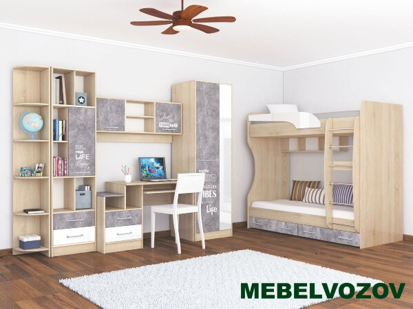 Модульная детская Колибри Лофт ( дуб сонома/ателье светлое+акрил белый) детальное изображение от магазина mebelvozov.ru в Нижнем Новгороде