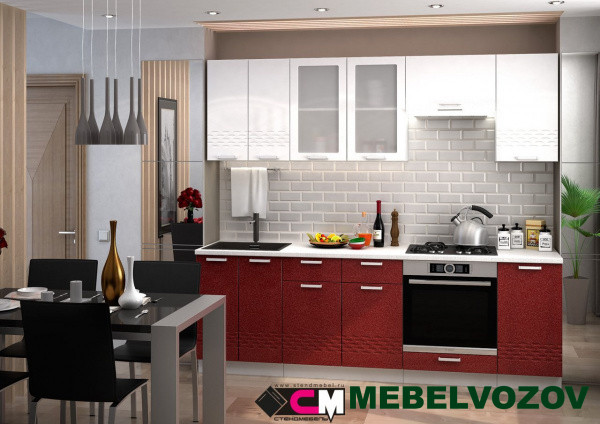 Кухонный гарнитур Глория 2400 (белый металлик/гранат металлик) от магазина Мебельвозов в Нижнем Новгороде