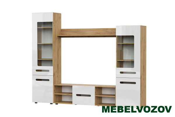 Стенка в гостиную "МГС 6" Исполнение 1 (Дуб золотой / Белый глянец) - фото от интернет магазина Mebelvozov в Нижнем Новгороде Стенка в гостиную "МГС 6" Исполнение 1 (Дуб золотой / Белый глянец) от интернет магазина Mebelvozov в Нижнем Новгороде