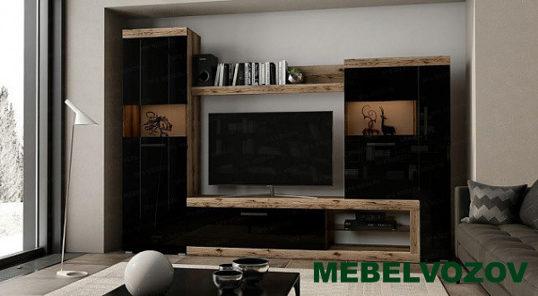 Стенка в гостиную Бастон (дуб делано/черный глянец) от интернет магазина Mebelvozov в Нижнем Новгороде