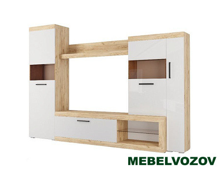 Стенка в гостиную Бастон (дуб вотан/белый глянец) от интернет магазина Mebelvozov в Нижнем Новгороде