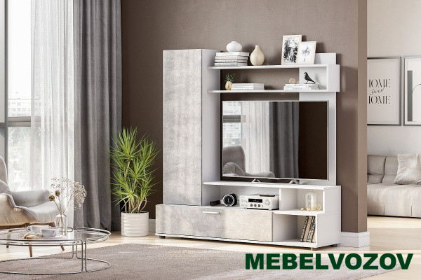 Стенка в гостиную "МГС 9" Белый / Цемент светлый - фото от интернет магазина Mebelvozov в Нижнем Новгороде Стенка в гостиную "МГС 9" Белый / Цемент светлый от интернет магазина Mebelvozov в Нижнем Новгороде