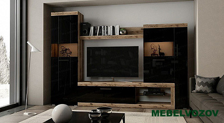 Стенка в гостиную Бастон (дуб делано/черный глянец) от интернет магазина Mebelvozov в Нижнем Новгороде