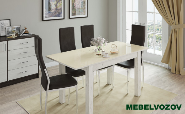 Стол обеденный раскладной 1100х700 мм Бруно (Дуб крафт белый/Лакобель ваниль) от магазина Мебельвозов в Нижнем Новгороде
