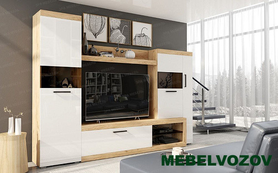 Стенка в гостиную Бастон (дуб вотан/белый глянец) от интернет магазина Mebelvozov в Нижнем Новгороде
