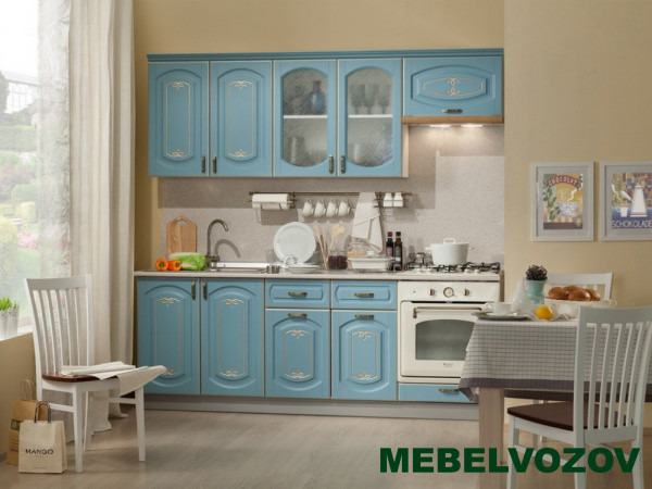 Кухонный гарнитур Бергамо 2200 Белый/голубой патина платина от магазина Мебельвозов в Нижнем Новгороде
