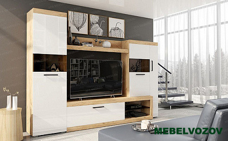 Стенка в гостиную Бастон (дуб вотан/белый глянец) от интернет магазина Mebelvozov в Нижнем Новгороде